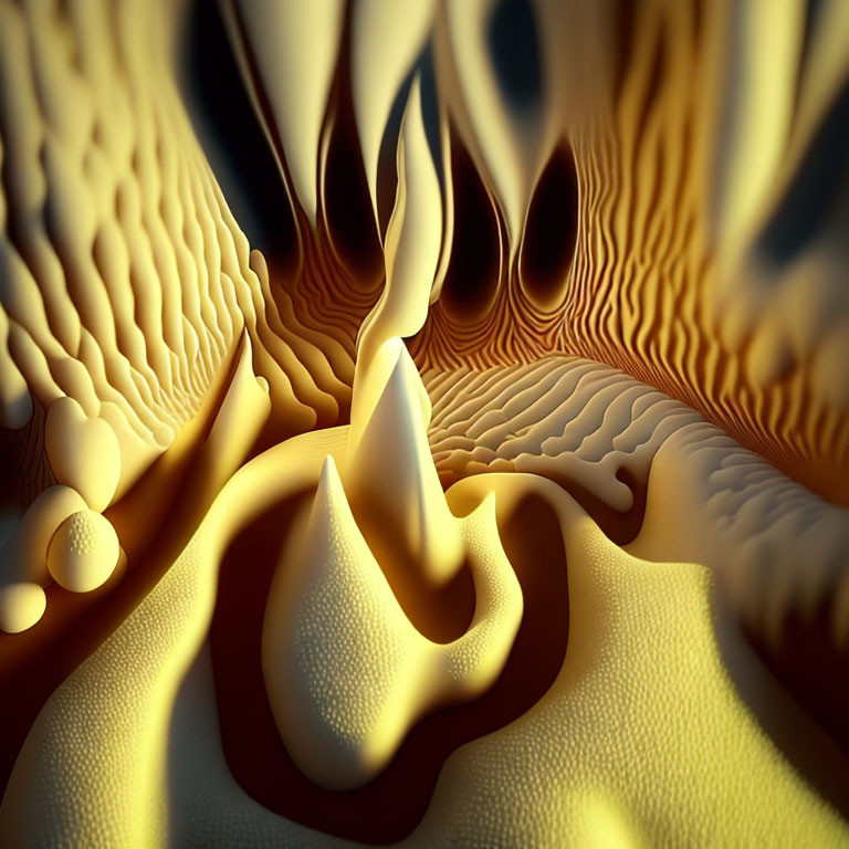 3D abstract landscape with wavy yellow and brown tones and flame-like structure