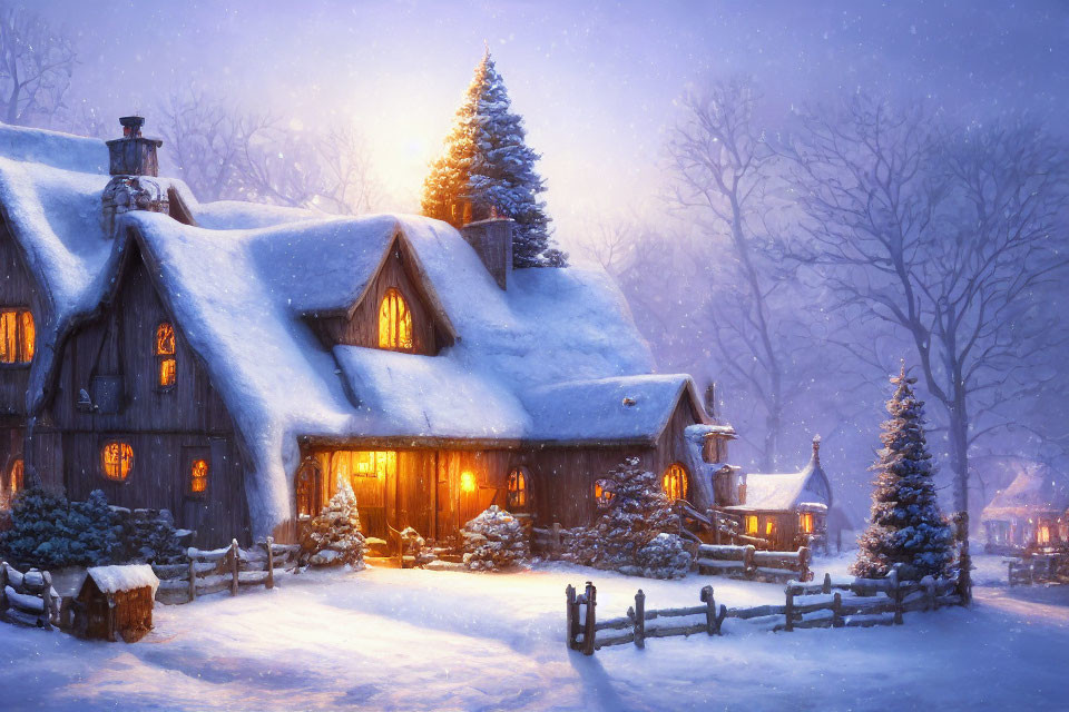 Snow-covered cottage with warm glow in twilight setting among snow-laden trees