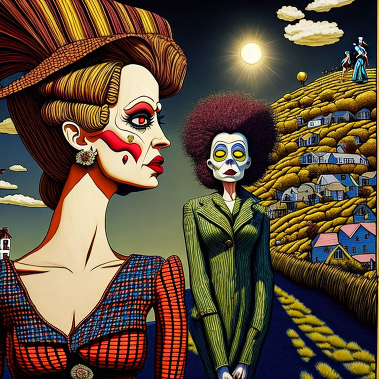 Surreal landscape with stylized female figures and exaggerated features