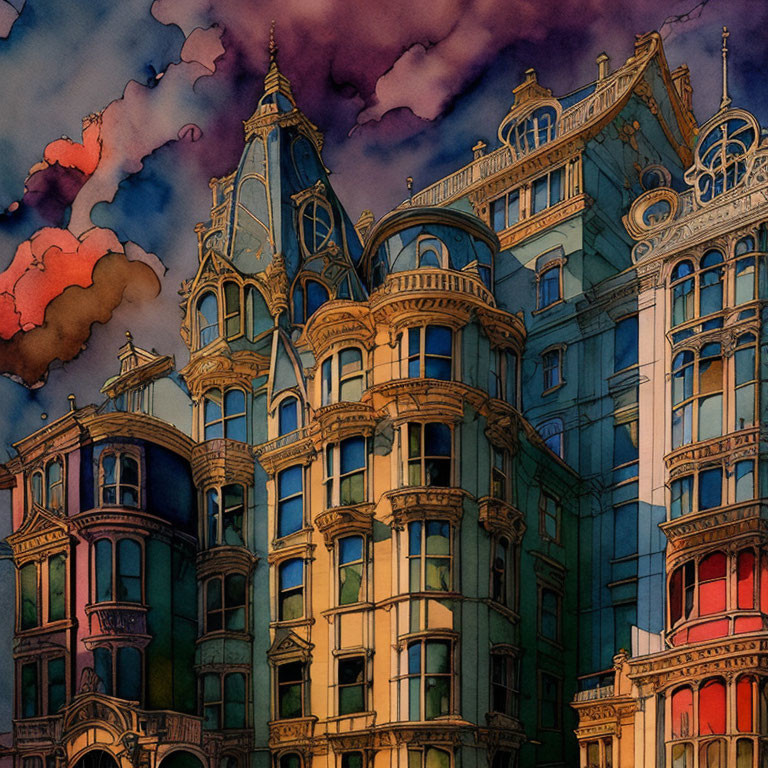 Colorful Ornate Buildings with Towers and Arched Windows at Dusk Sky