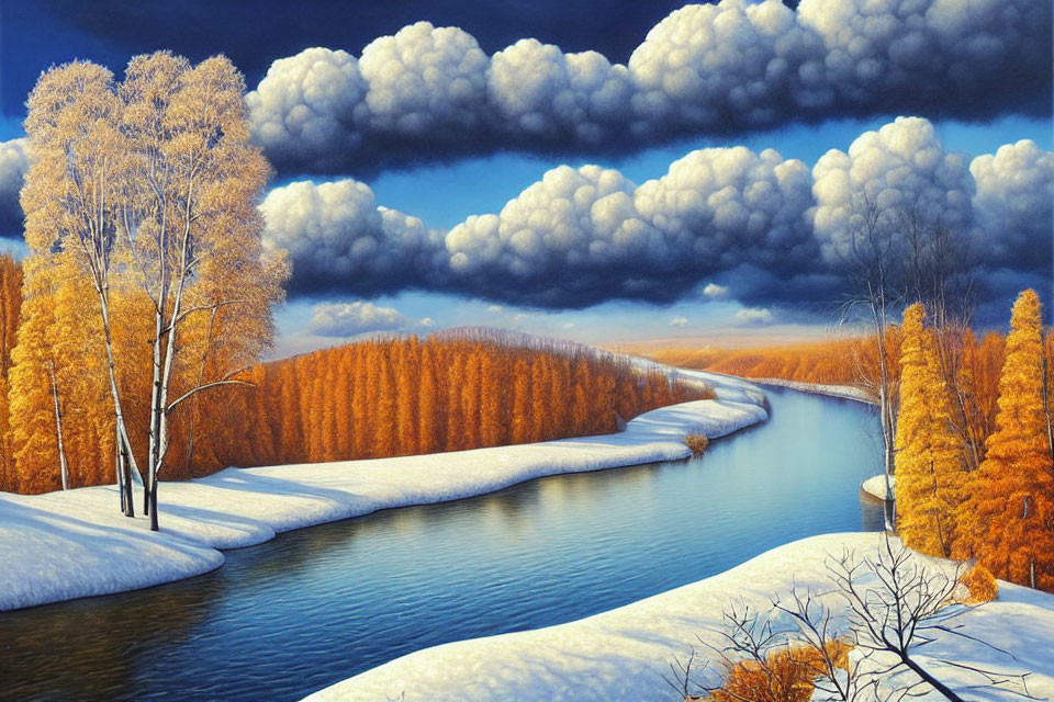 Winter Landscape: River, Snow, Autumn Trees, Cloudy Sky