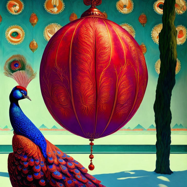 Colorful Peacock with Red Ornament and Feather Motifs Background