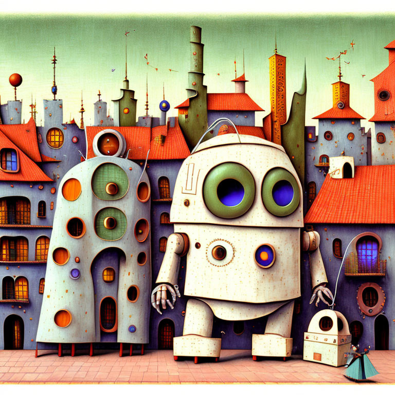 Colorful whimsical robot in cityscape illustration