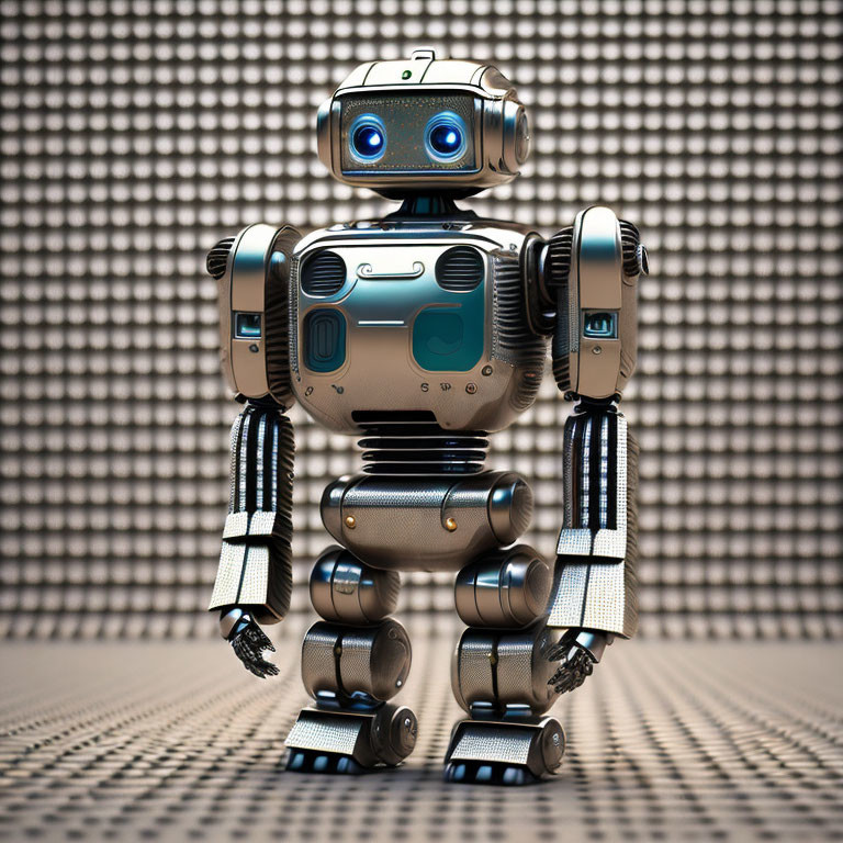 Bronze-finished vintage robot on dot-patterned backdrop