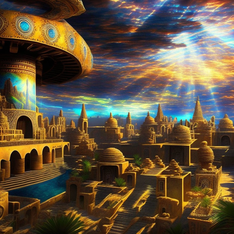 Fantastical city with ornate sandstone architecture and hovering disc-shaped structure.