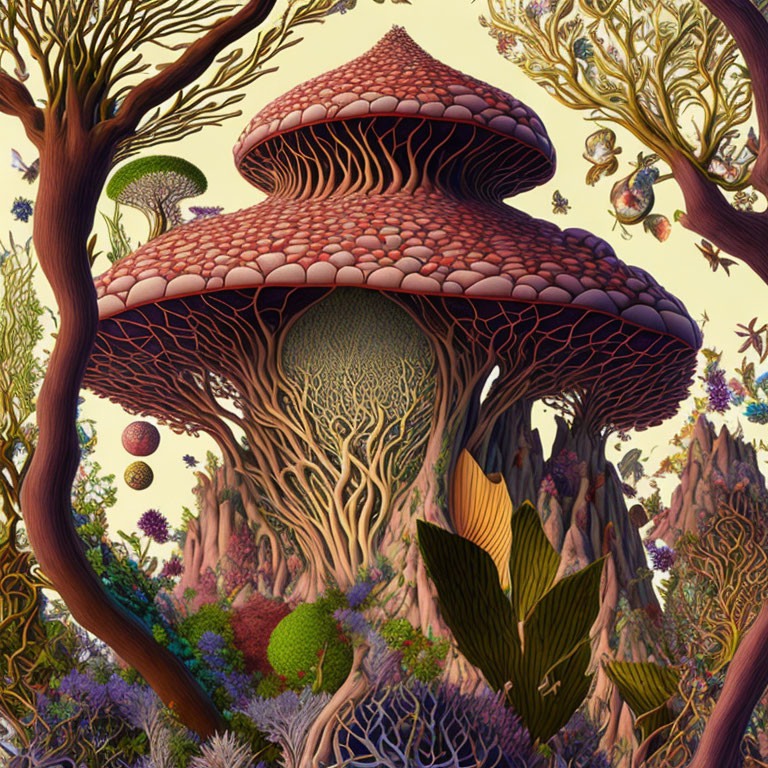 Fantastical forest with mushroom-shaped trees and colorful vegetation