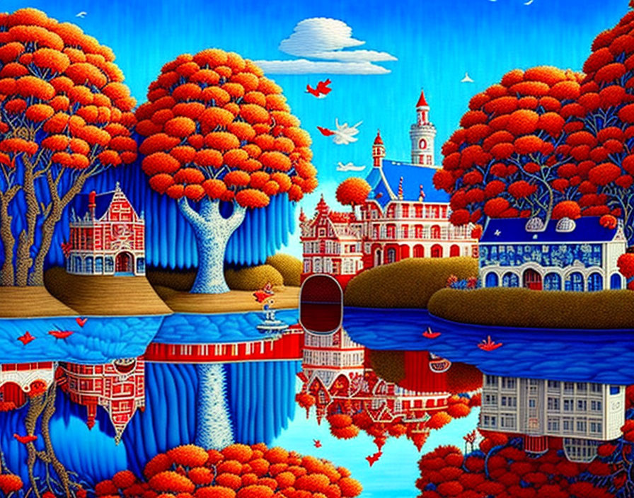 Symmetrical autumnal scene with trees, buildings, river, birds, and fisherman