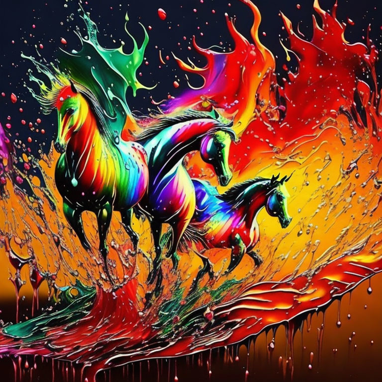 Colorful Liquid Art: Three Running Horses with Fiery Effects