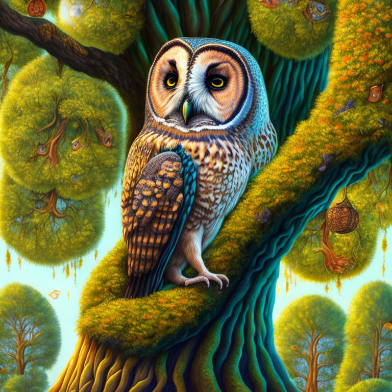 Detailed lifelike owl perched in lush forest with intricate textures