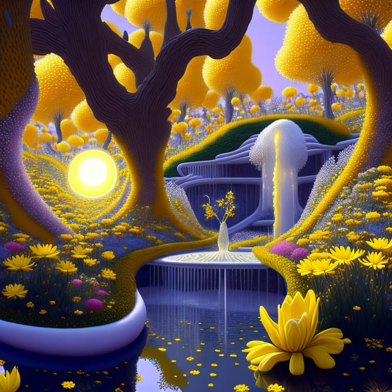 Vibrant twilight landscape with yellow trees, pond, waterfall, stone bridge, and luminous flowers