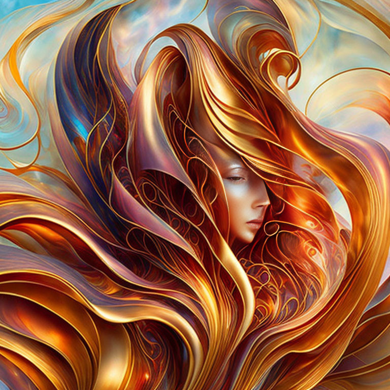 Surreal portrait of woman with orange and gold swirling hair