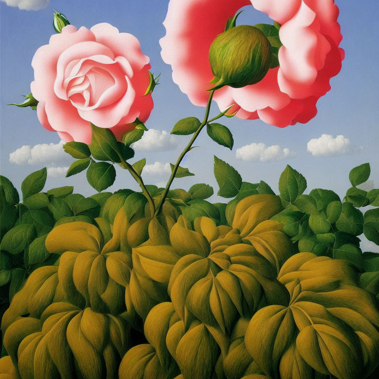 Large Pink Rose Blooming in Surreal Sky Scene