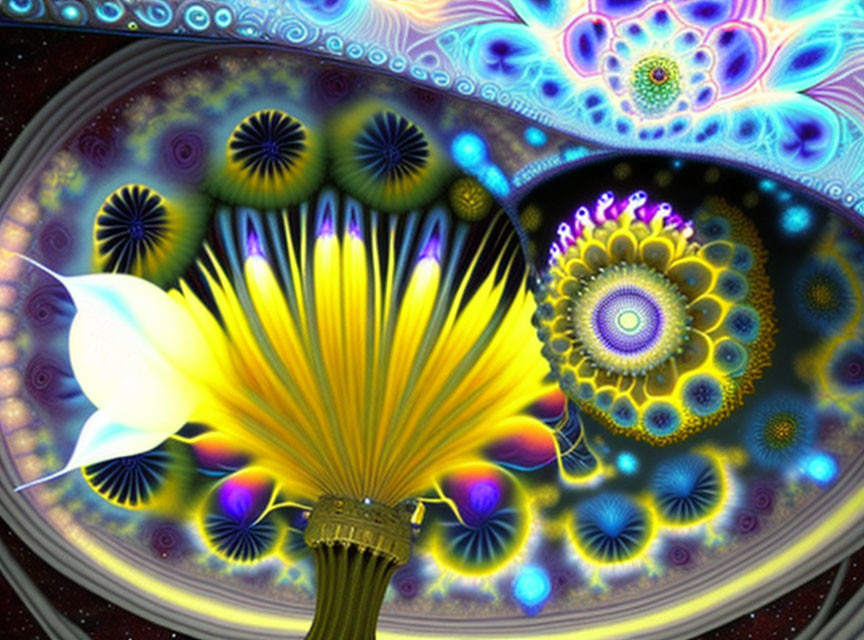 Colorful fractal dandelion art in blue, yellow, and purple