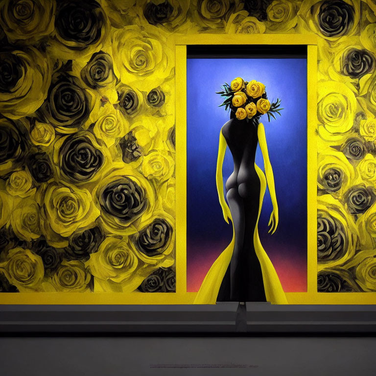 Surreal painting: Person silhouette with yellow roses head in yellow window frame, black and yellow rose