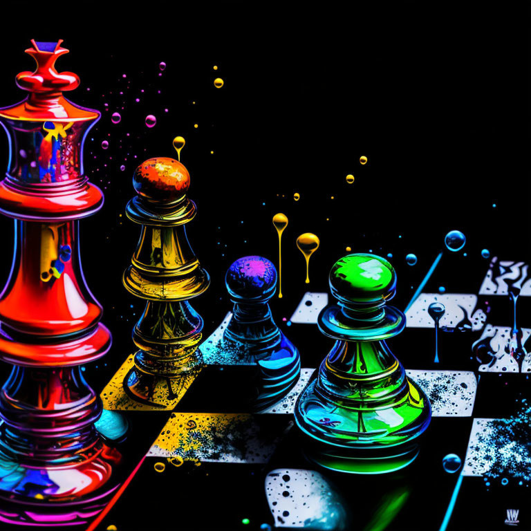 Colorful neon chess pieces on checkered board with splashes and droplets in dynamic scene