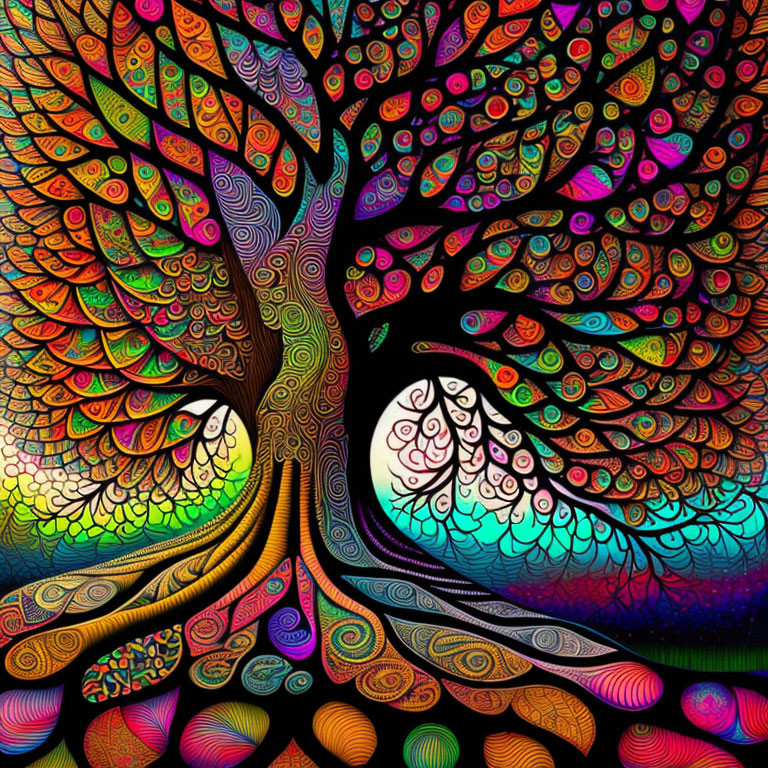 Vivid swirl pattern tree art on dark gradient background