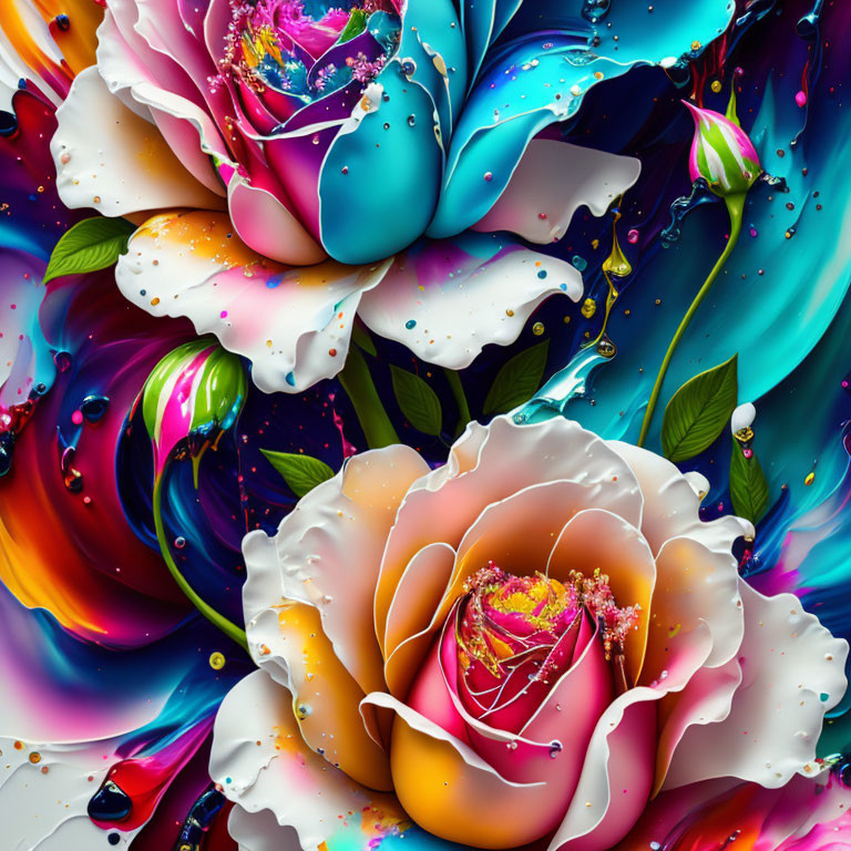 Colorful Stylized Flower Art with Vibrant Blue, Pink, and White Hues