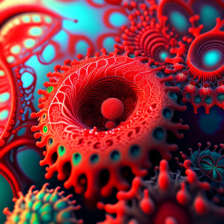 Red and Blue Abstract Fractal Art with Spiral Patterns