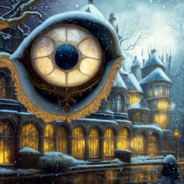 Fantastical snow-covered building with ornate eye-shaped window