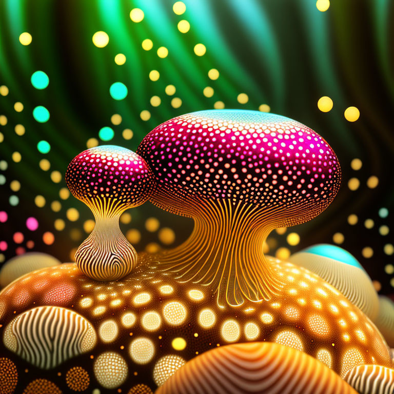 Colorful Stylized Mushroom Artwork on Bokeh Background