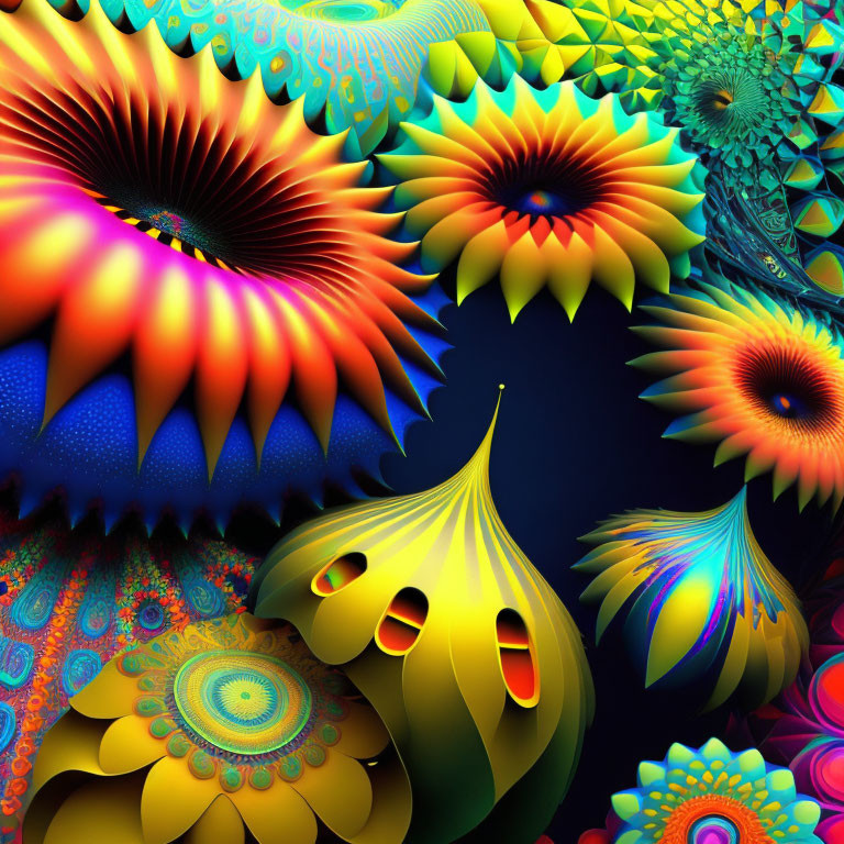 Colorful Psychedelic Fractal Flower Artwork in Orange, Blue, and Yellow