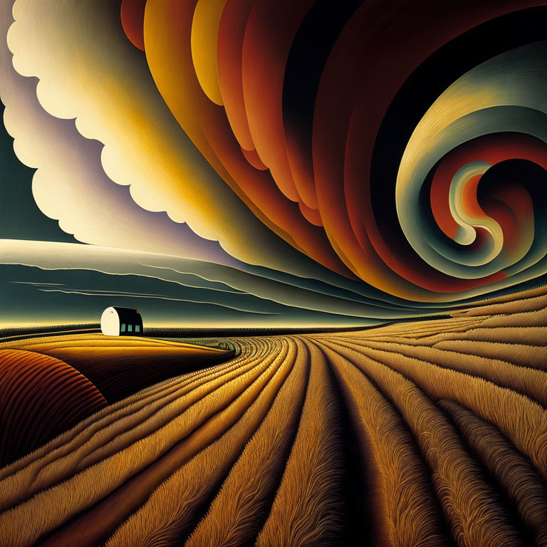 Surreal landscape with swirling clouds and vibrant sky