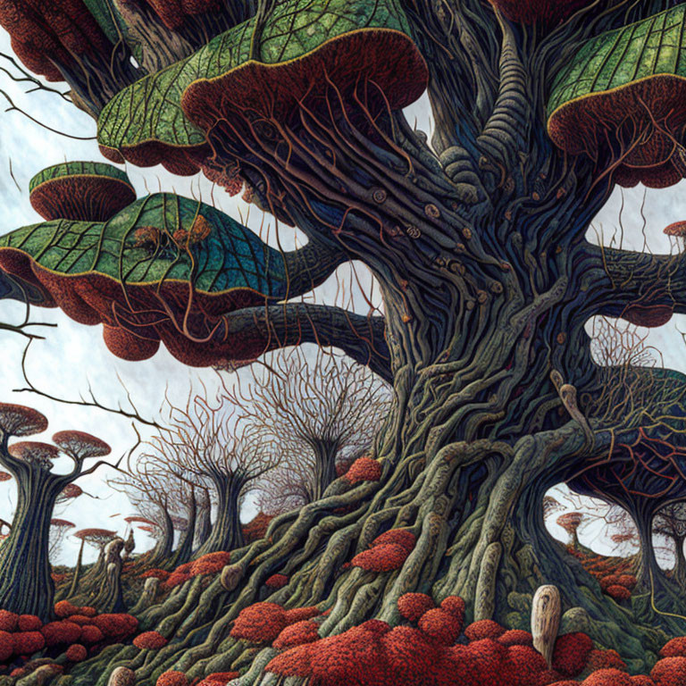 Detailed fantasy illustration: otherworldly forest with massive twisted tree, thick roots, and mushroom-like plants