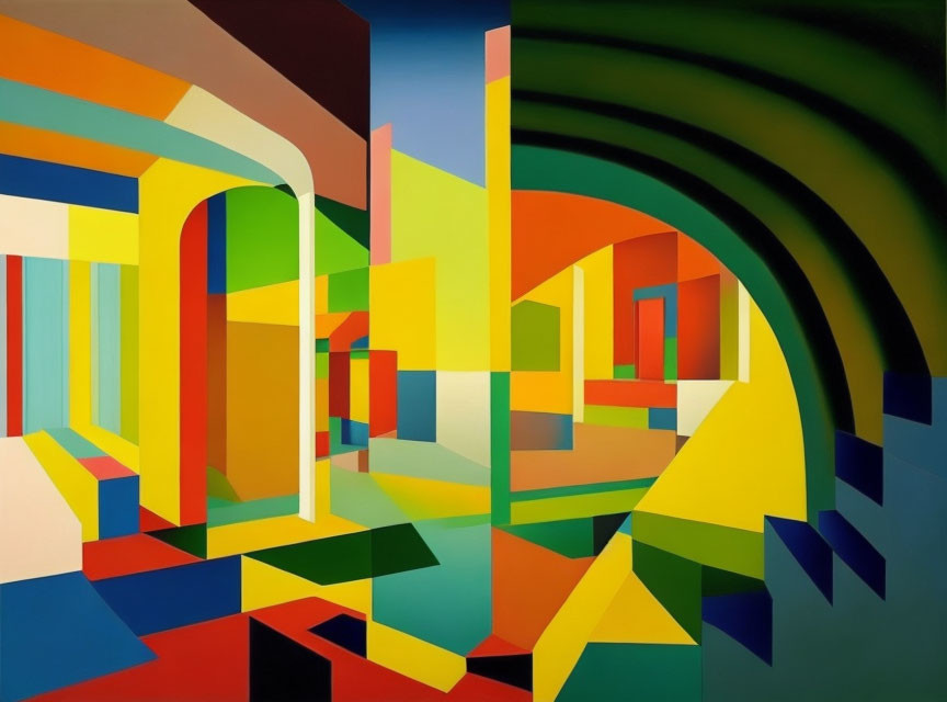 Vibrant Abstract Geometric Painting with Sharp Angles and Smooth Curves