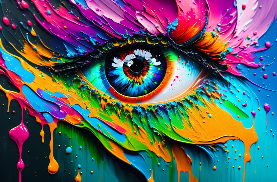 Colorful eye artwork with splashes of blue, pink, yellow, and green.