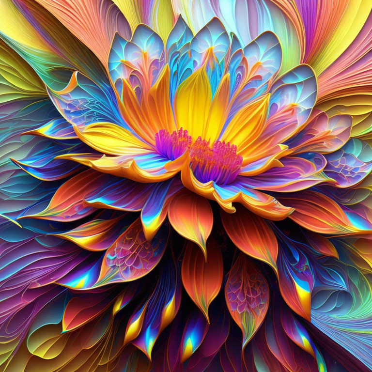 Colorful digital flower art with intricate, psychedelic petals