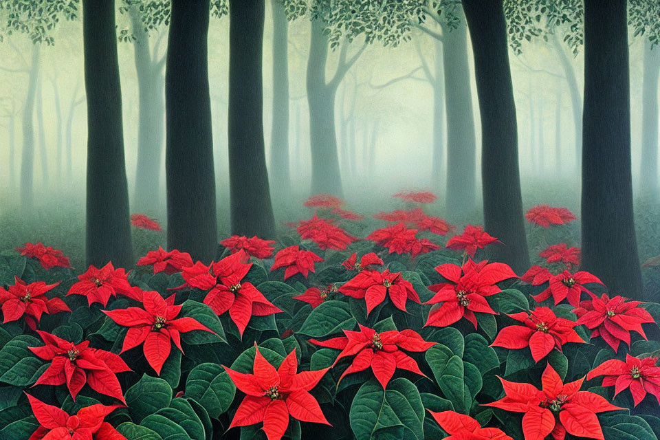 Misty forest with red poinsettia flowers and tall tree silhouettes