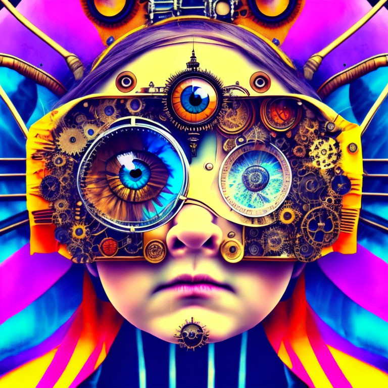 Colorful steampunk goggles portrait against vibrant background