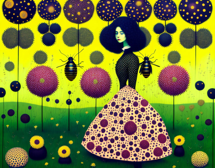 Whimsical garden illustration with woman and sunflowers