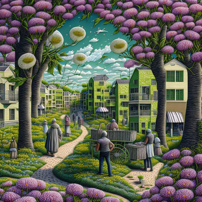 Surreal landscape with oversized purple flowers, people in robes, and whimsical green houses