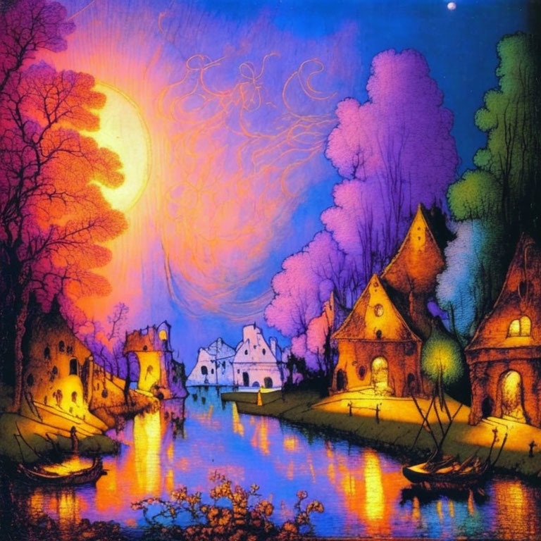 Fantastical village scene: Glowing houses, moon, river, boat, starry sky