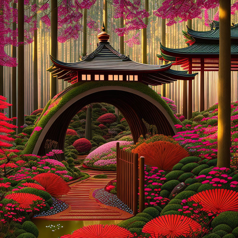 Lush Flora Garden with Arched Bridge and Pagoda in Bamboo Forest