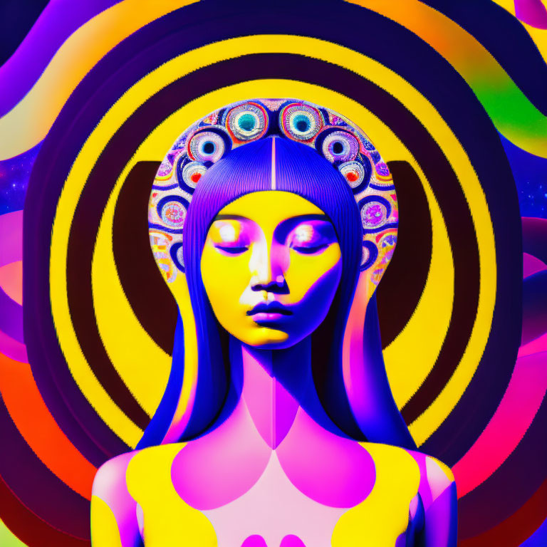 Colorful Digital Artwork: Stylized Woman's Face in Psychedelic Circles