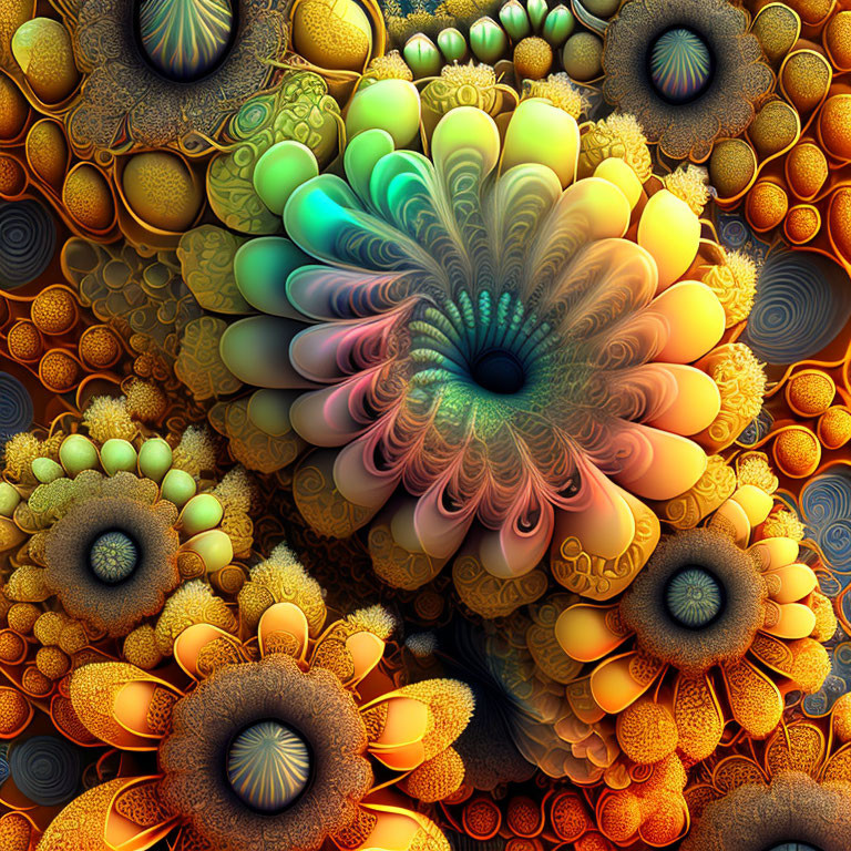 Vibrant fractal art: intricate floral patterns in orange, yellow, and blue