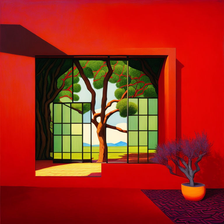 Colorful artwork: Open grid window view of serene landscape with tree against red walls