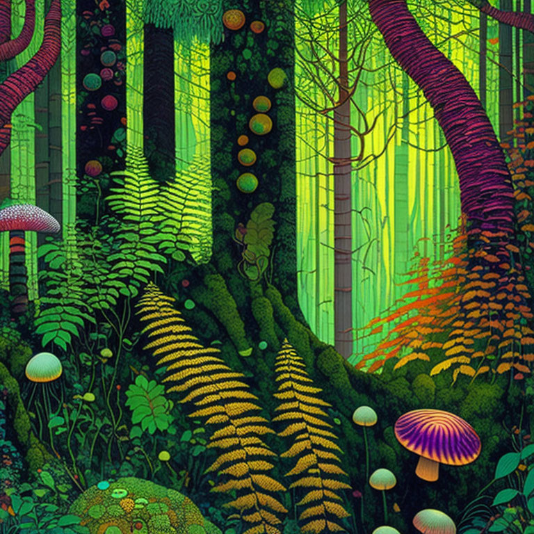 Colorful Psychedelic Forest Illustration with Oversized Fungi and Neon Trees