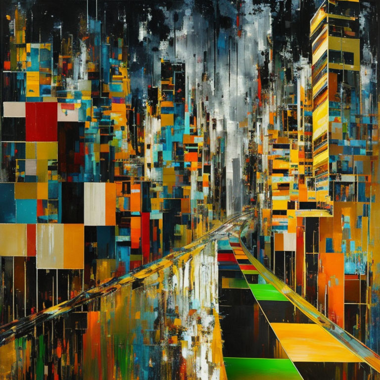 Colorful Abstract Cityscape Painting with Geometric Patterns and Reflective Surface