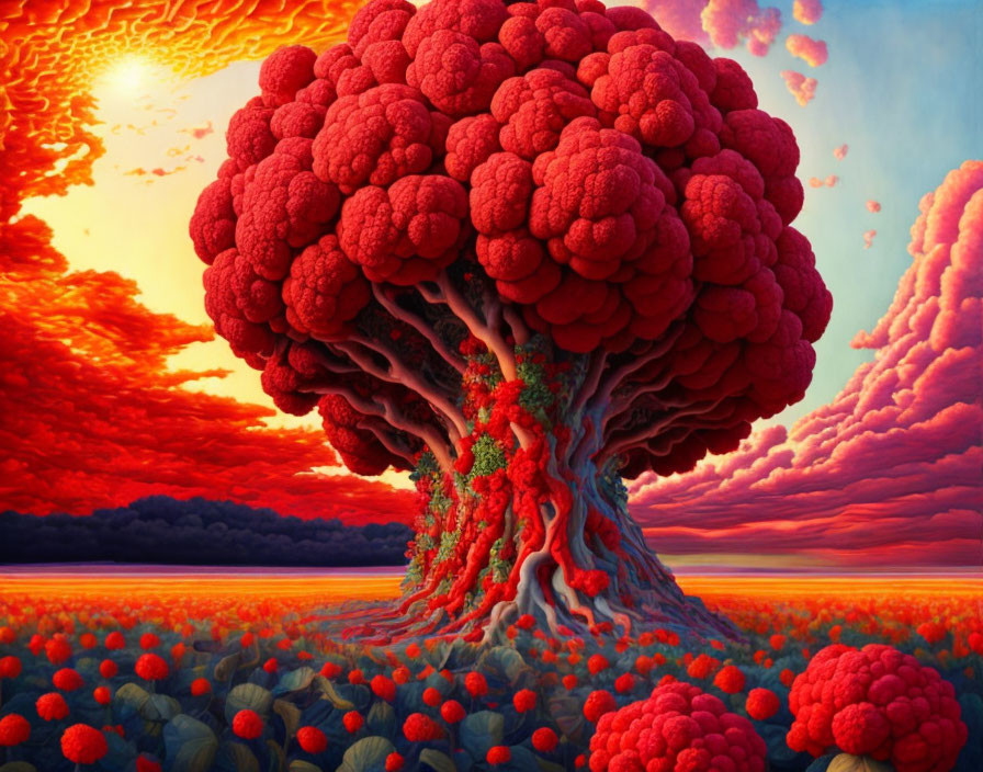 Surreal landscape with colossal red canopy tree and fiery sky