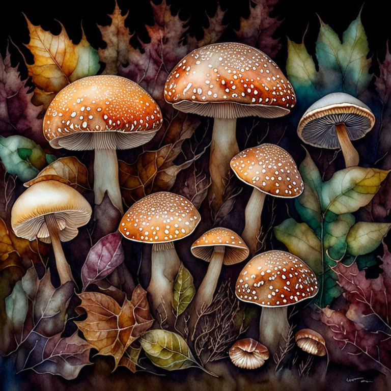 Brown-Capped Mushrooms and Autumn Leaves Illustration