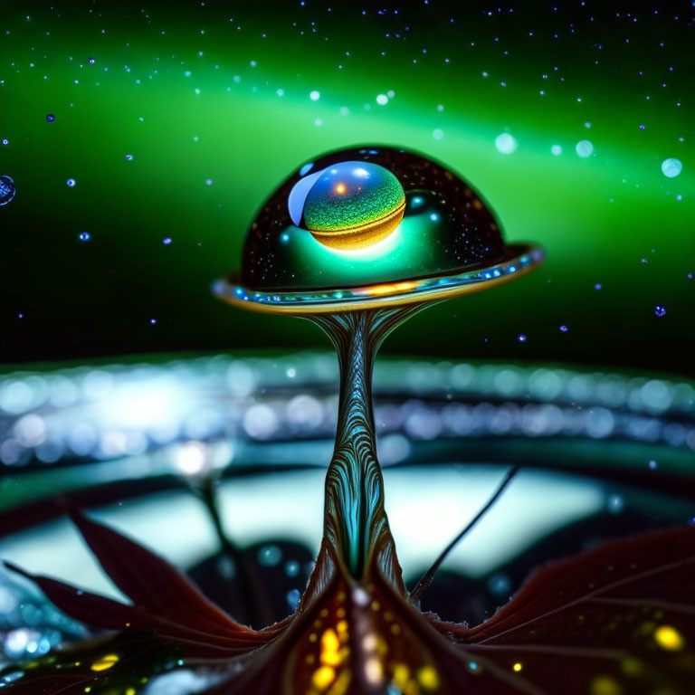 Macro Shot: Water Droplet on Colorful Backdrop with Green Aurora Effects