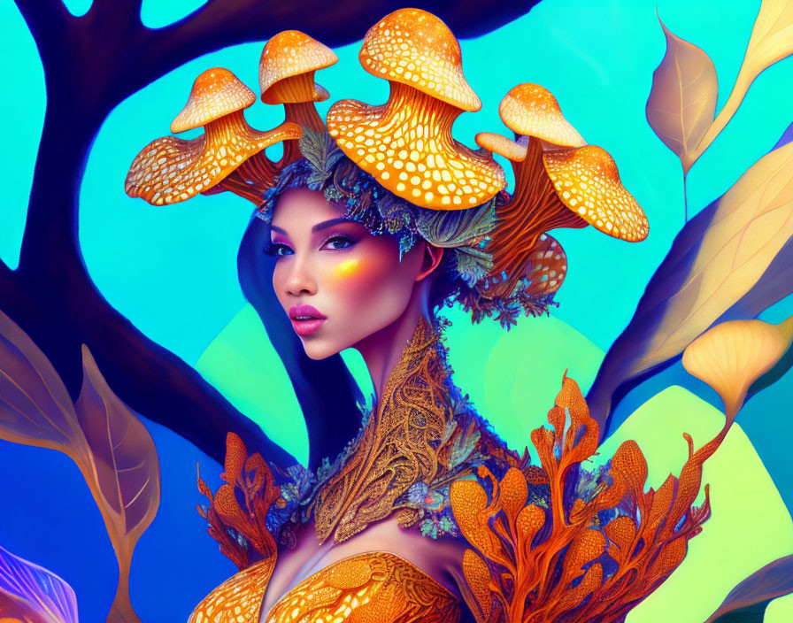 Fantastical female being with mushroom-like hair in vibrant digital artwork