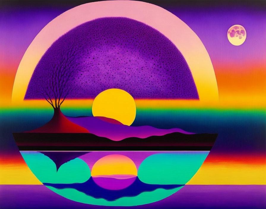 Colorful surreal landscape with tree silhouette, sun, moon, and reflective water