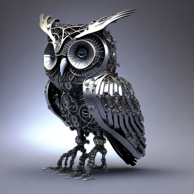 Detailed 3D rendering of mechanical owl with intricate gears and metal components