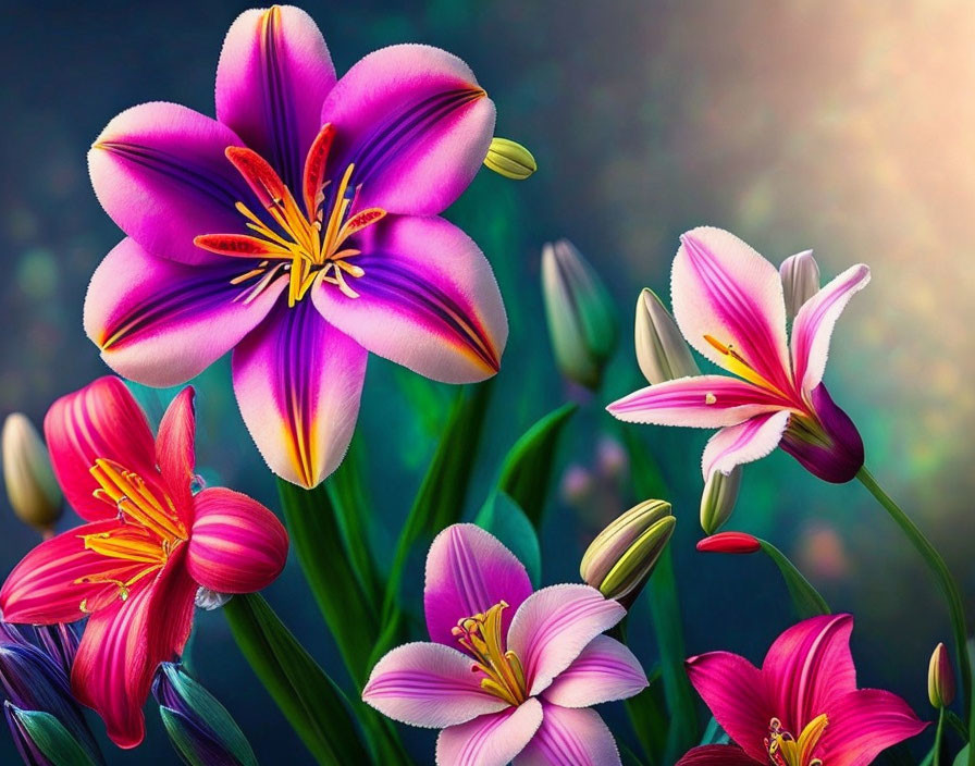 Vibrant pink lilies with dark pink streaks on soft-focus green backdrop