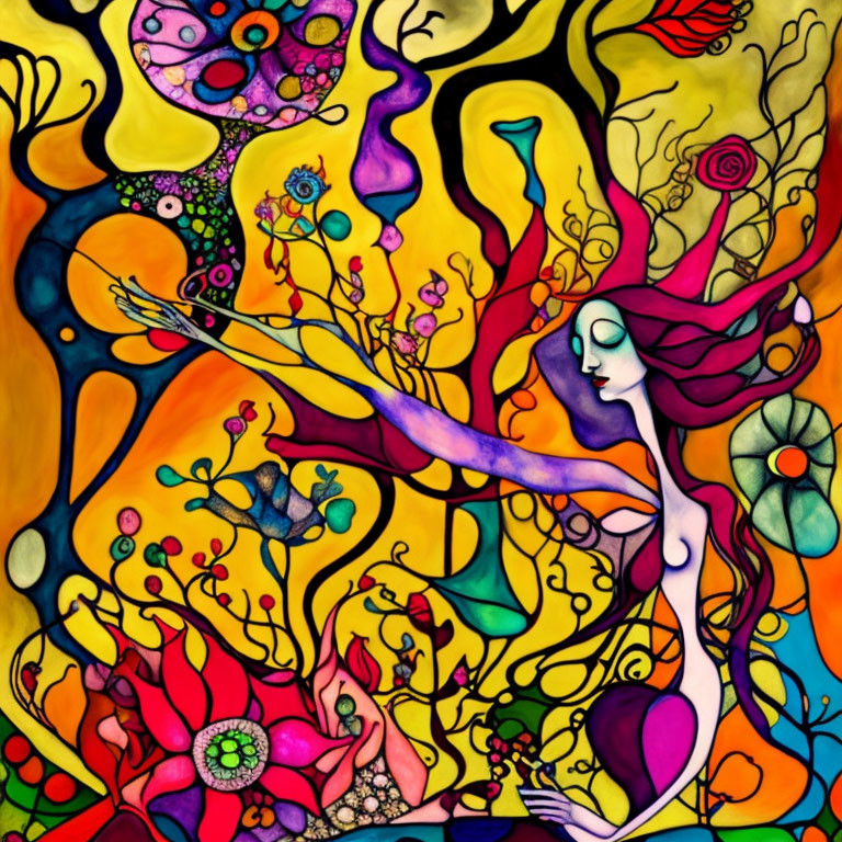 Colorful abstract art with stylized female figure and floral patterns on yellow background