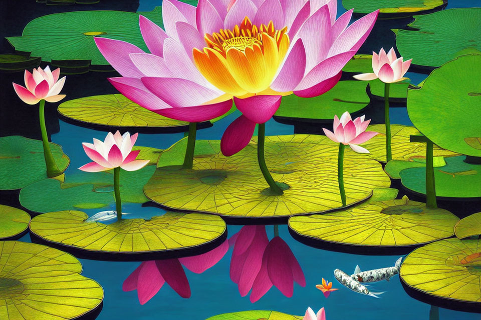 Colorful digital artwork featuring lotus flowers, lily pads, and fish in water